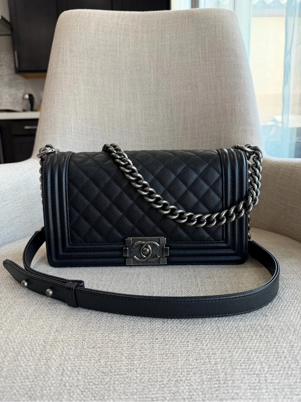 CHANEL Black Quilted Boy Shoulder Bag with Gunmetal Hardware